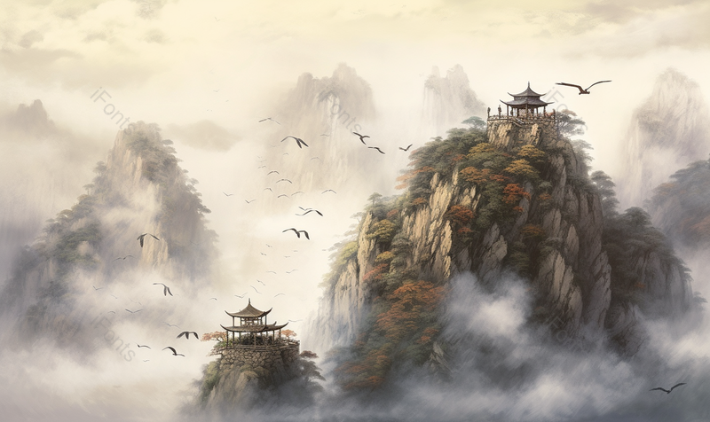 中国风古风彩色水墨飞鸟飞过山顶的凉亭建筑水墨山水画国画插画,插画/手绘图,插画/手绘图库,插画/手绘图下载,插画/手绘